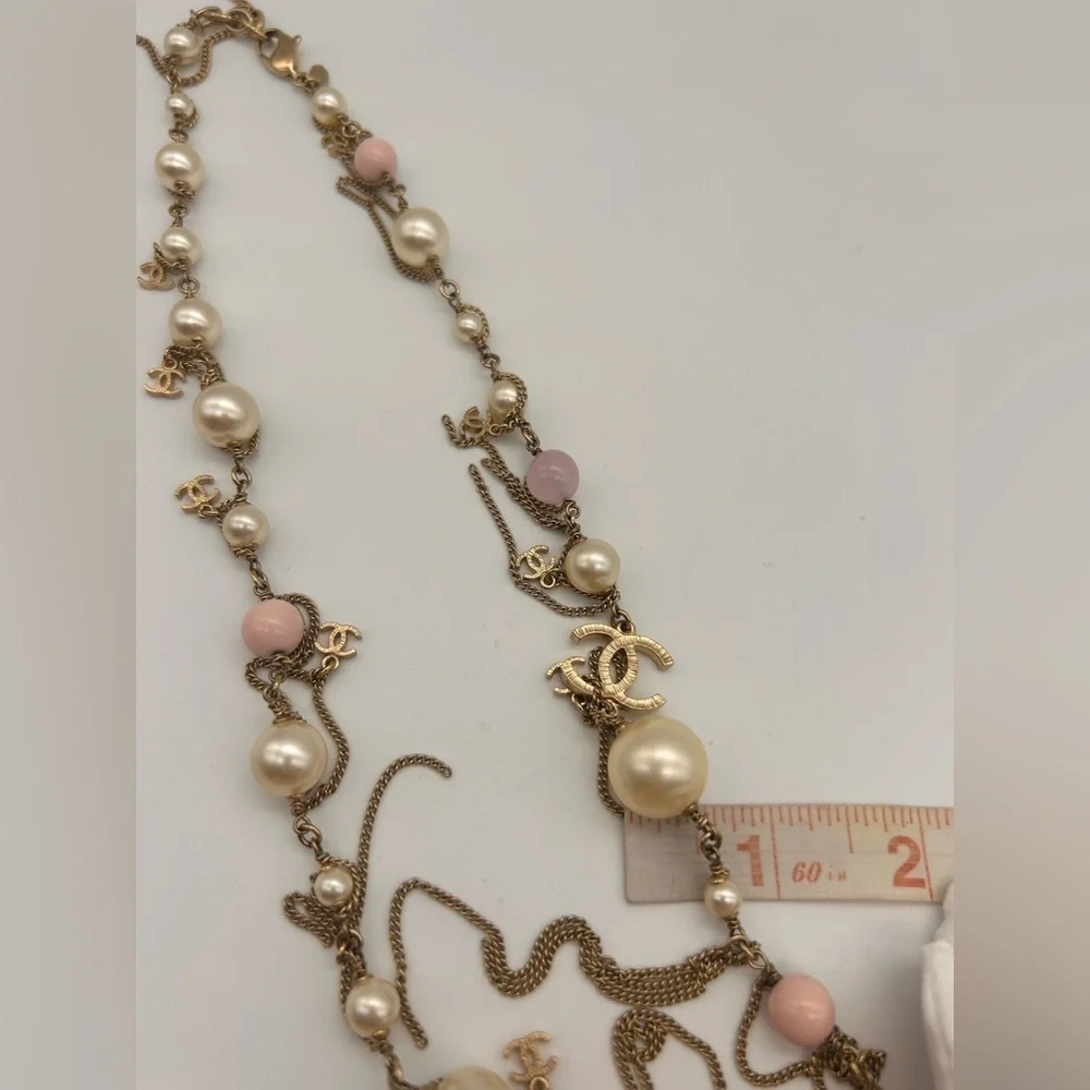 Chanel 100% Authentic Pearl 3 Large CC Long Necklace Silver Pink Tone 20 Inch